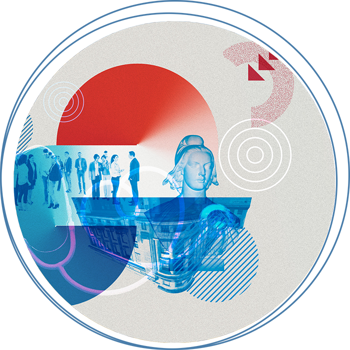 Abstract collage blending people, a statue, and digital imagery to suggest human connection with technology and art on a circular canvas.