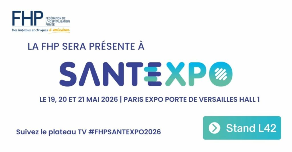 FHP banner announcing presence at Santexpo 2026 in Paris (May 19–21, 2026, Porte de Versailles), stand L42 on the right.