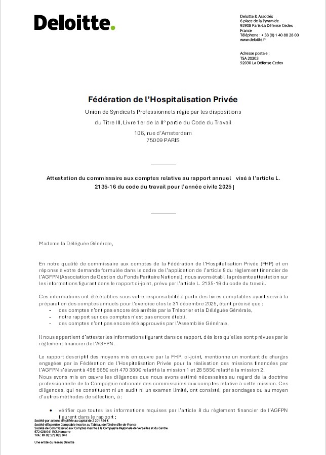 Official-looking French attestation letter on Deloitte letterhead with Fédération de l’Hospitalisation Privée header.