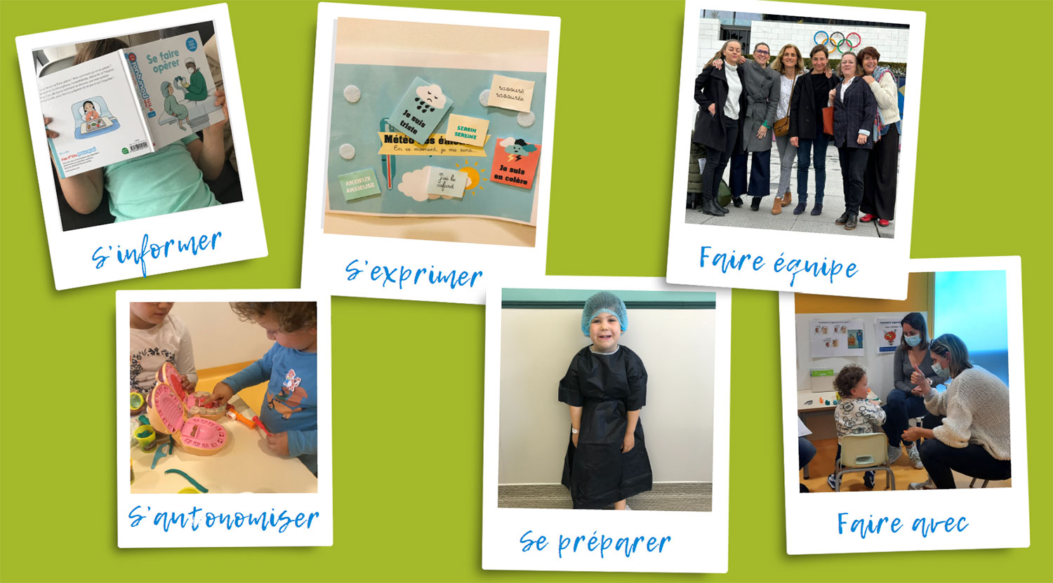 Photographies—Au-coeur-des-soins- Collage of six Polaroid-style photos on a green background, each with a blue French caption: S'informer, S'exprimer, Faire équipe, S'autonomiser, Se préparer, Faire avec.