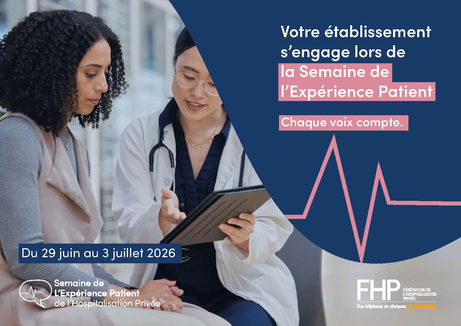 Promo banner with a doctor and patient reviewing a tablet, French text about the Patient Experience Week and dates (29 juin–3 juillet 2026), plus logos.